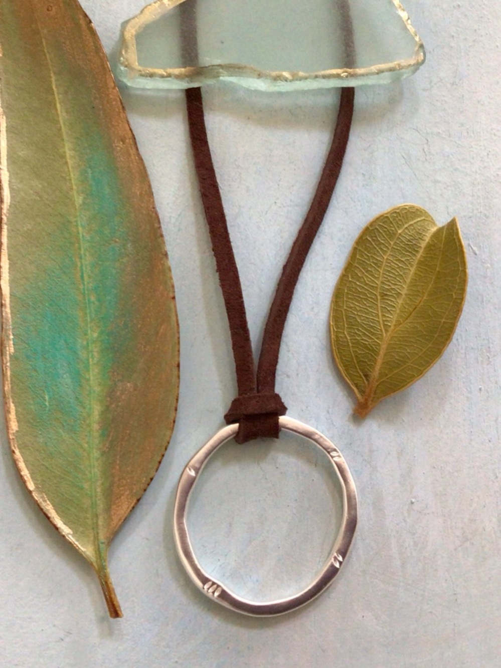 Sundance Charm Leather Suede Cord Silver Circle Necklace